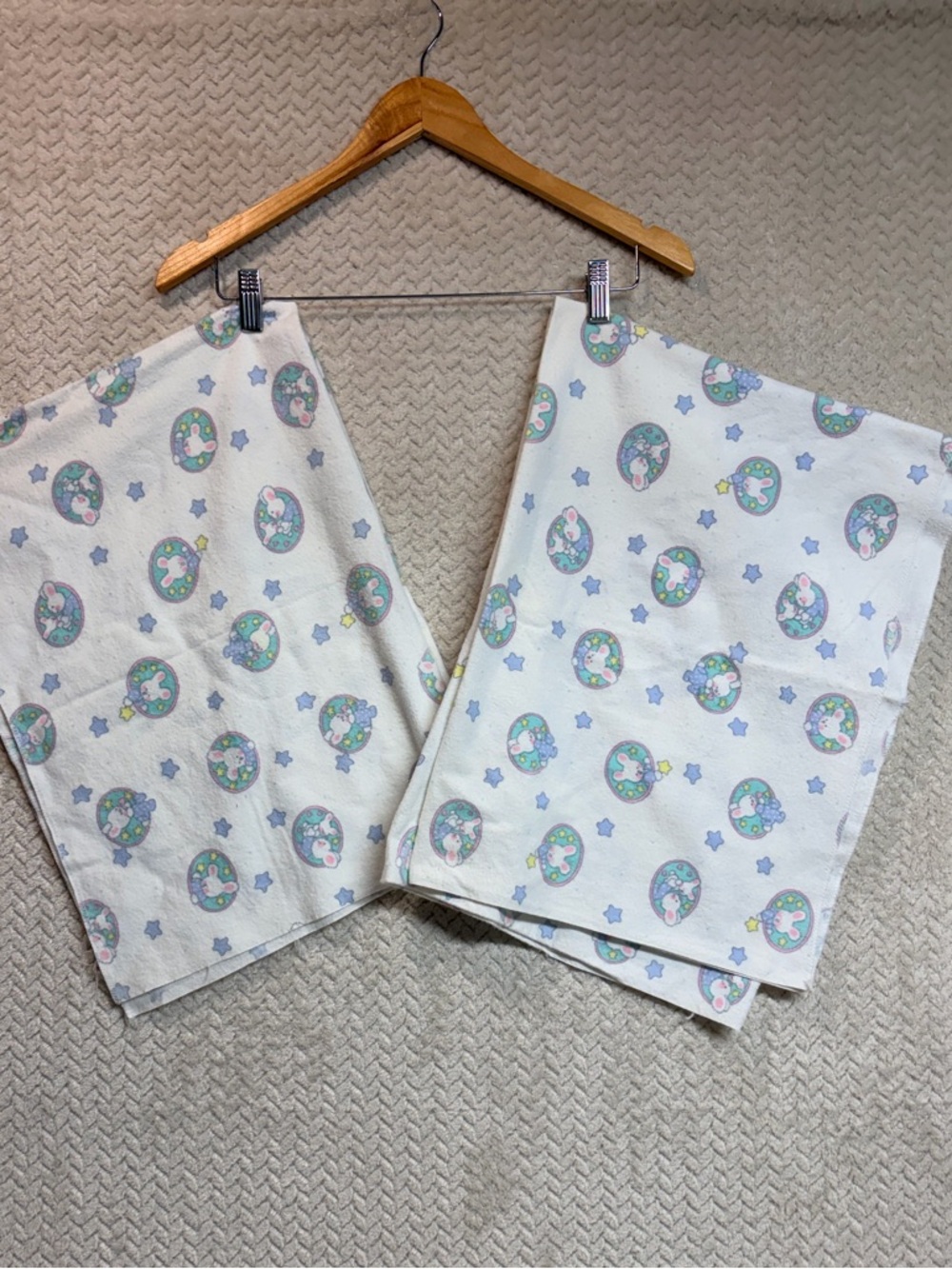 Vintage 90s Cuddle Time Bunny Star Moon Baby Blanket Flannel USA‎